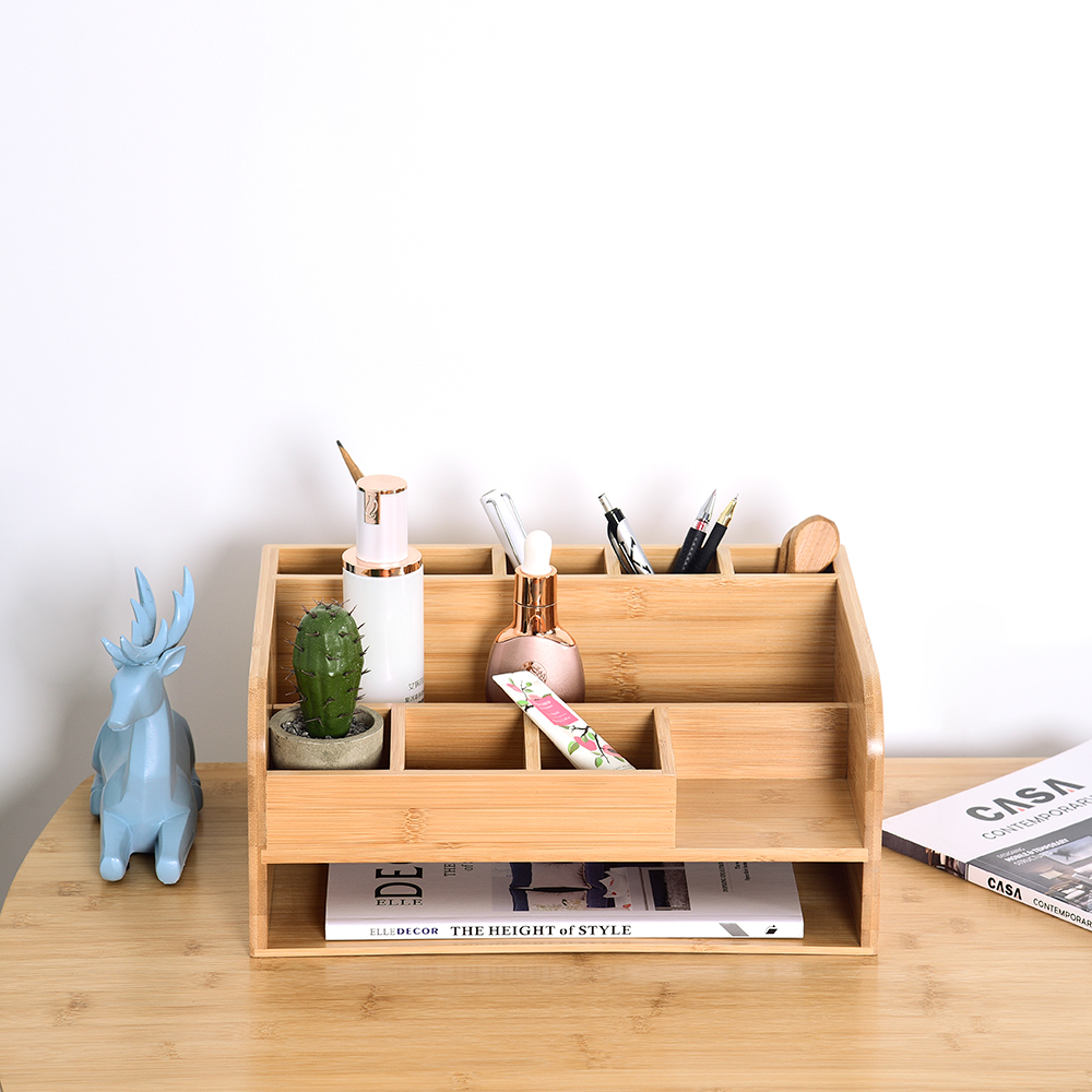 Bamboo Desk Organizers With Drawer And Accessories Pen Holder & File Storage 34x25x15cm Three-Layer Home & Office Storage