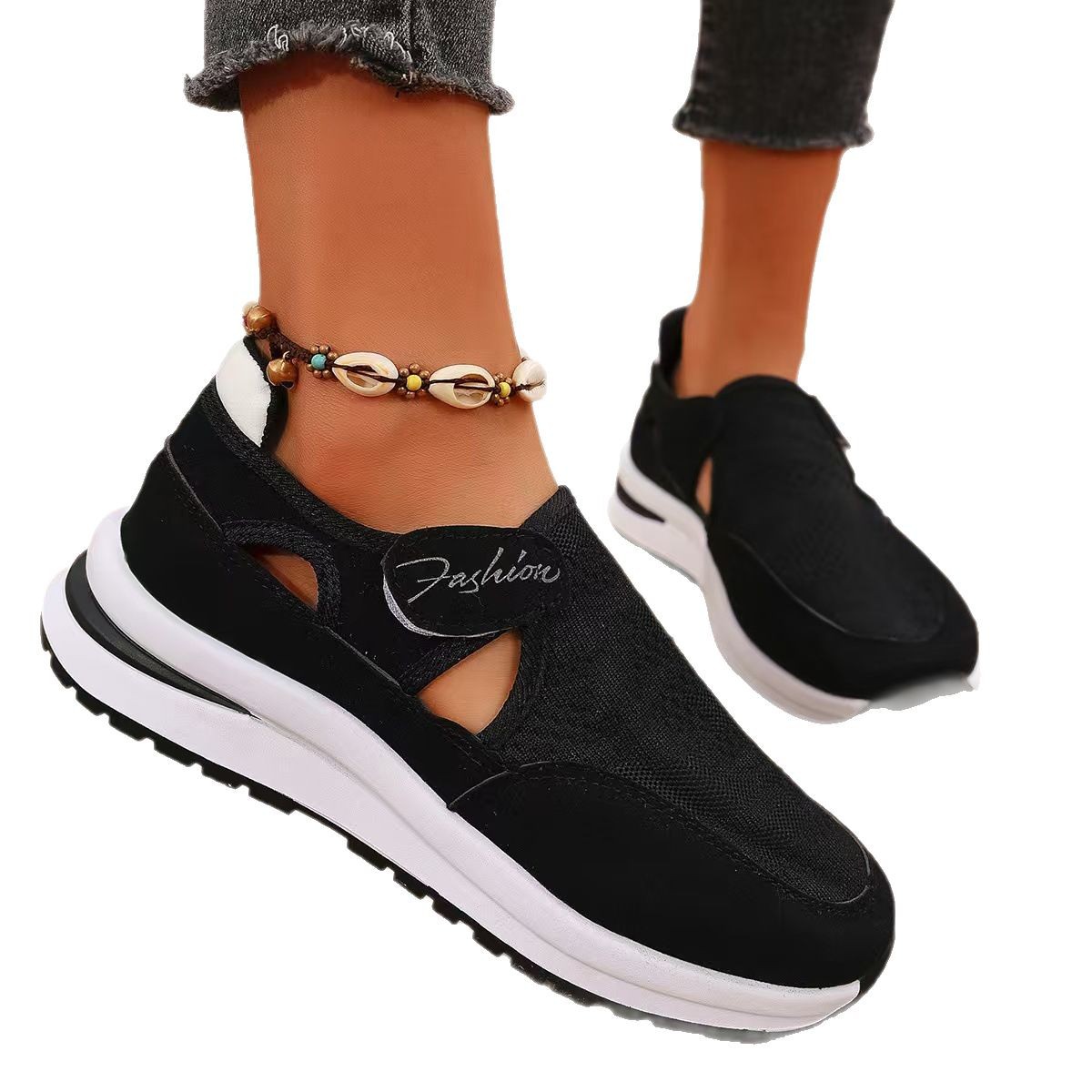 QF1 Casual Sporty Shoes Anti Slip Thick Sole Women's Comfortable and Breathable New Fashion Flying Weaved Wedge Mesh Shoes product view
