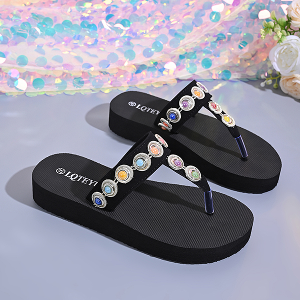 New Style Woman Shoes Sexy High Heels Slippers Wedge Heel 3cm Flip Flops Black Strap with Inlaid Colorful Sequins Upper JY-S44 detail