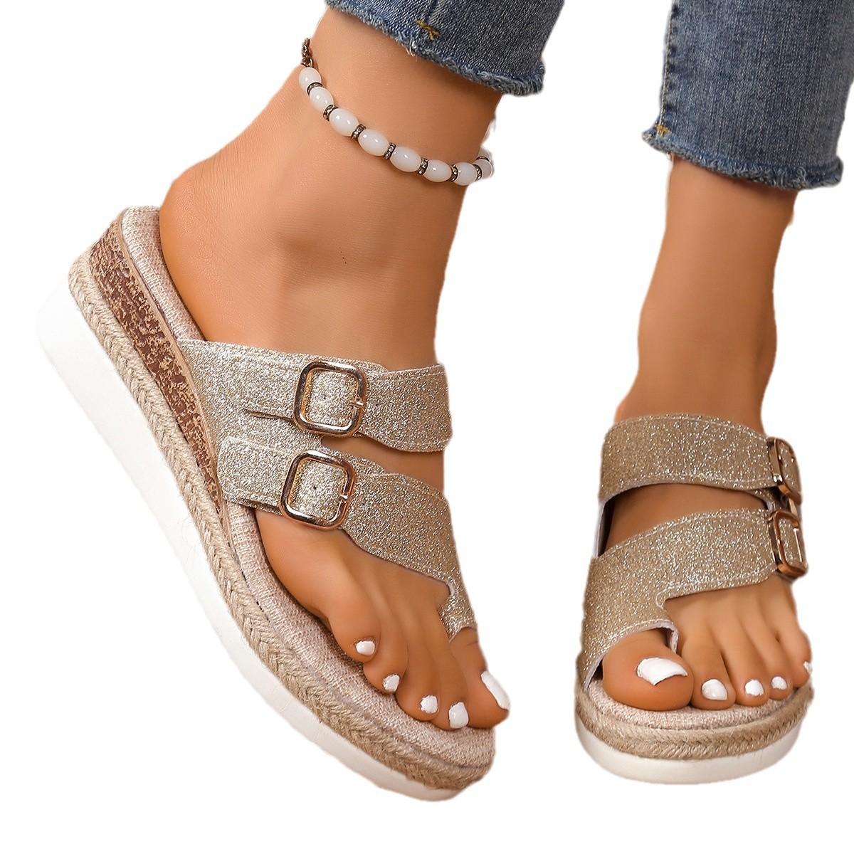 2026 Spring Summer Collection Plus Size Women's Platform Open Wedge Sandals PU Half-Sled Height Increasing Outdoor Slip-on product view