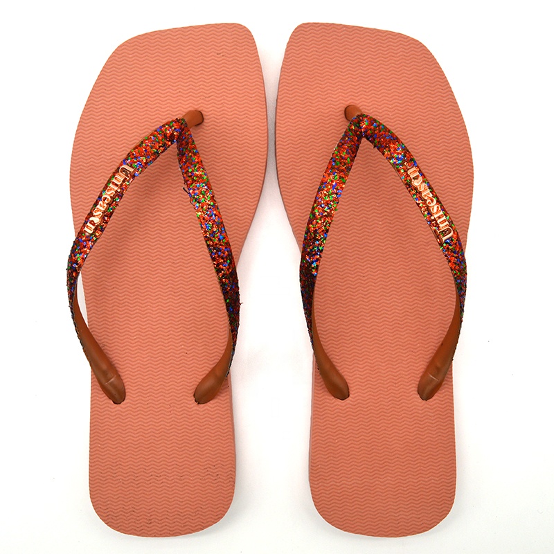 Hot Sales Summer Slippers Lightweight and Lighted Women's Rubber Flip Flops with Glitter Upper Square-Toed Beach Slippers product view