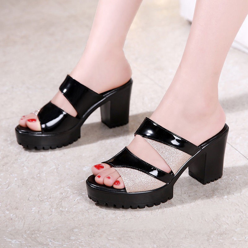 Cross-Border New Chunky-Heel Rubber High-Heel Slippers PU Sandals Women Single-Layer Casual Sports Autumn Slip-On 6-8cm Backless product view