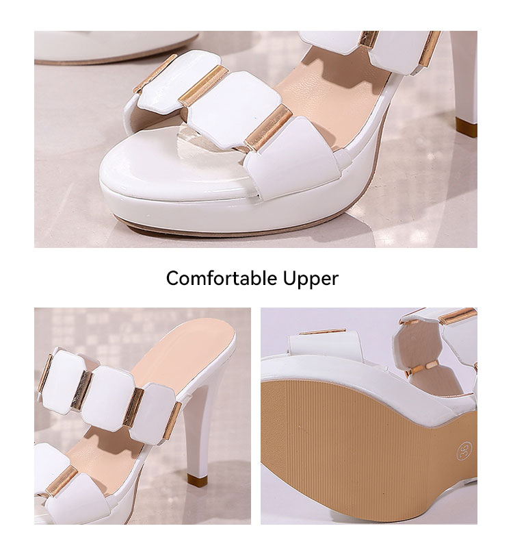 New Style Woman Sexy Pointed Toe High Heels Slippers Thin 10cm Two Octagonal PU Metal Pieces Connected to the Shoe Upper MuY255 detail