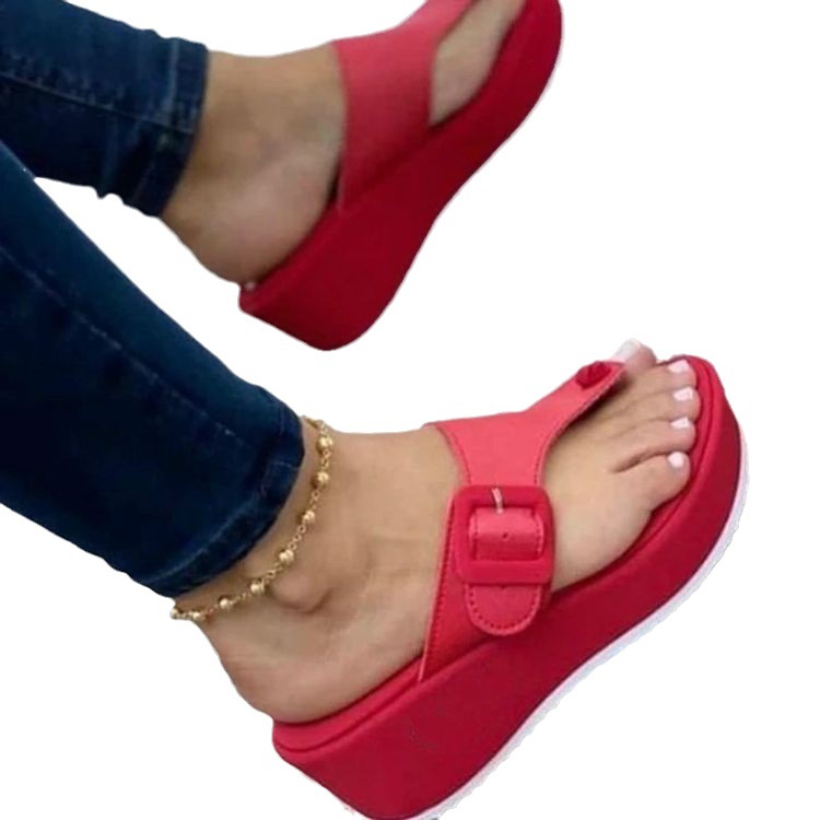 Large Size Fish Mouth High Heel Height Increasing Flip-flops Women's Spring New Red PU Platform Casual Fashion Wedge for product view