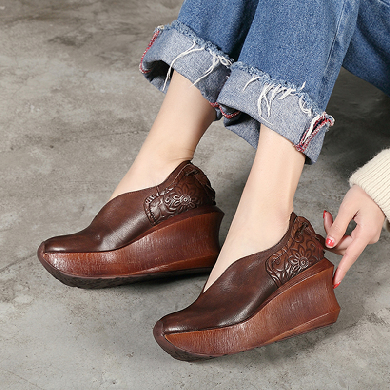 Spring Autumn Thick Sole Heel Leather Single Shoes Comfortable Breathable Handmade Retro Women Wedges Sandals Factory Direct product view