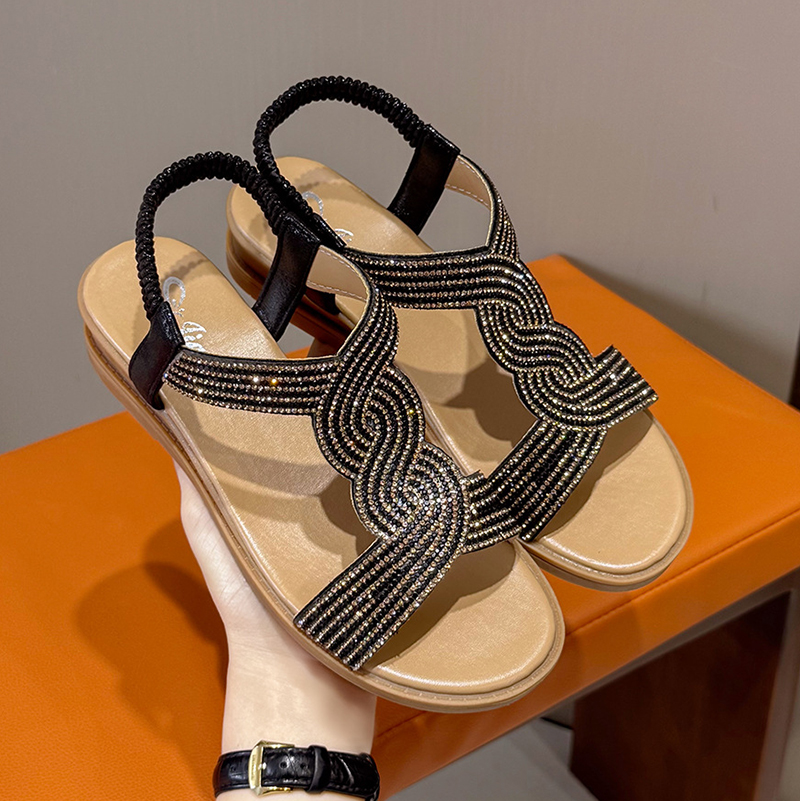 XINBY Women Summer Outdoor Anti-Slip Slip-On Soft Rhinestone Wedge Heel Elastic Ankle Strap Comfortable Flexible Open Toe product view