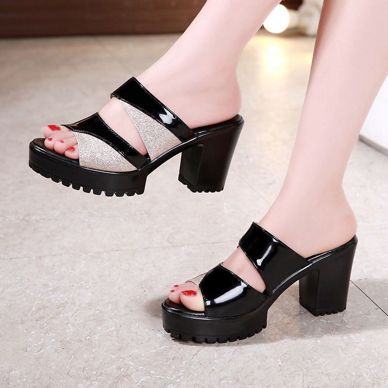 Cross-Border New Chunky-Heel Rubber High-Heel Slippers PU Sandals Women Single-Layer Casual Sports Autumn Slip-On 6-8cm Backless product view