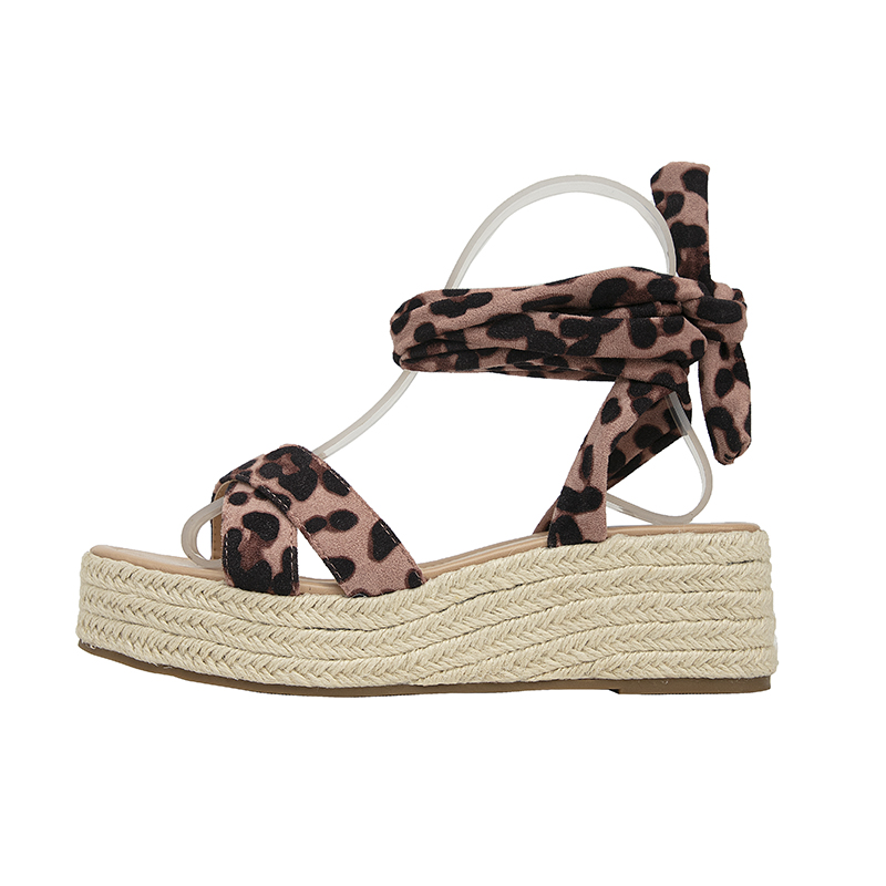 Summer New Casual Women Shoes Pink Leopard Print Espadrille Platform Sandals Clear Strap Lace-up Wedge Open-toe Tie-up Non-slip product view