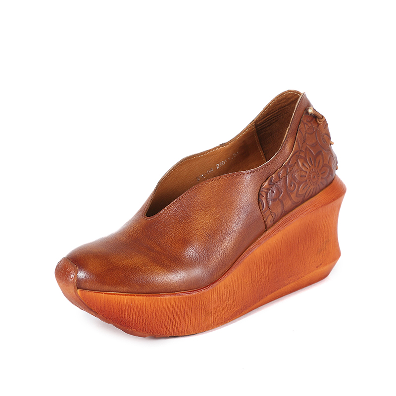 Spring Autumn Thick Sole Heel Leather Single Shoes Comfortable Breathable Handmade Retro Women Wedges Sandals Factory Direct