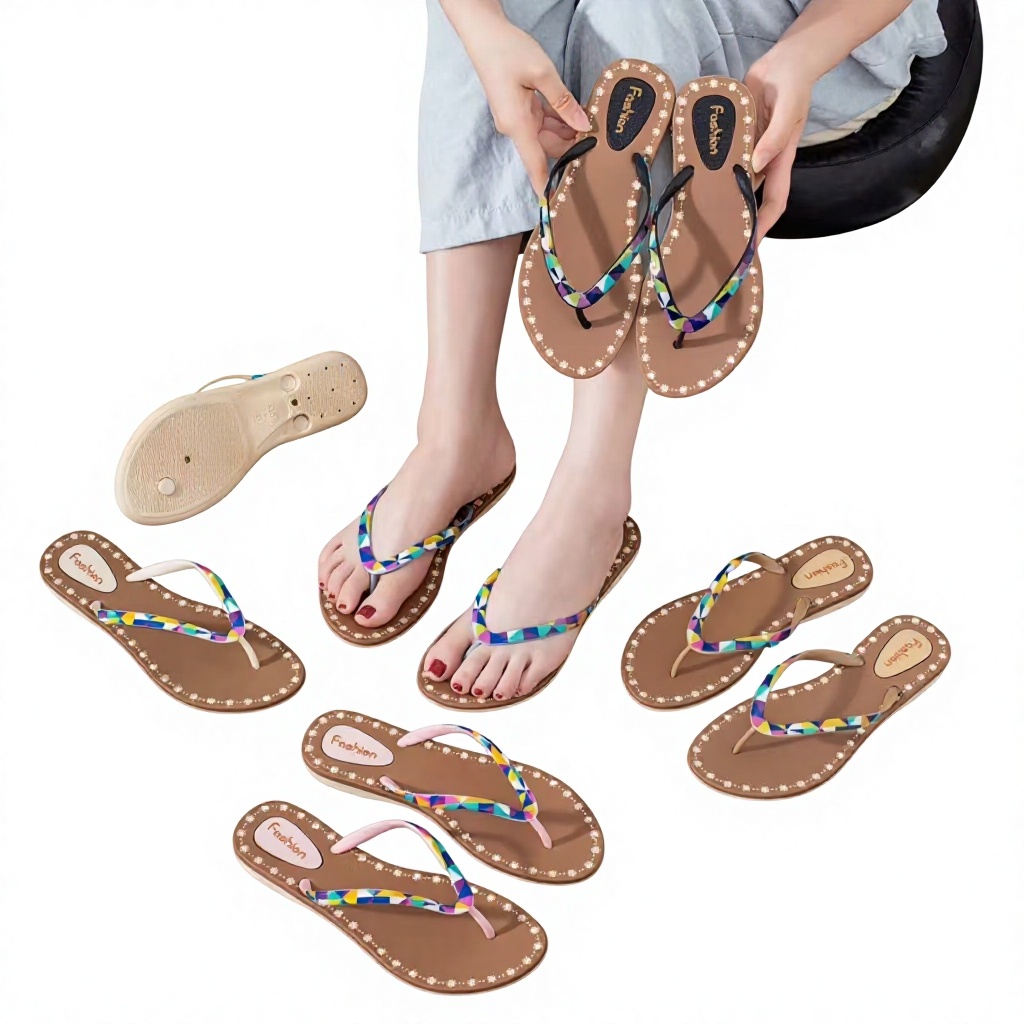 Women's Rainbow Strap PVC Slip on Flip Flops Beach for Summer Casual Sandals product view