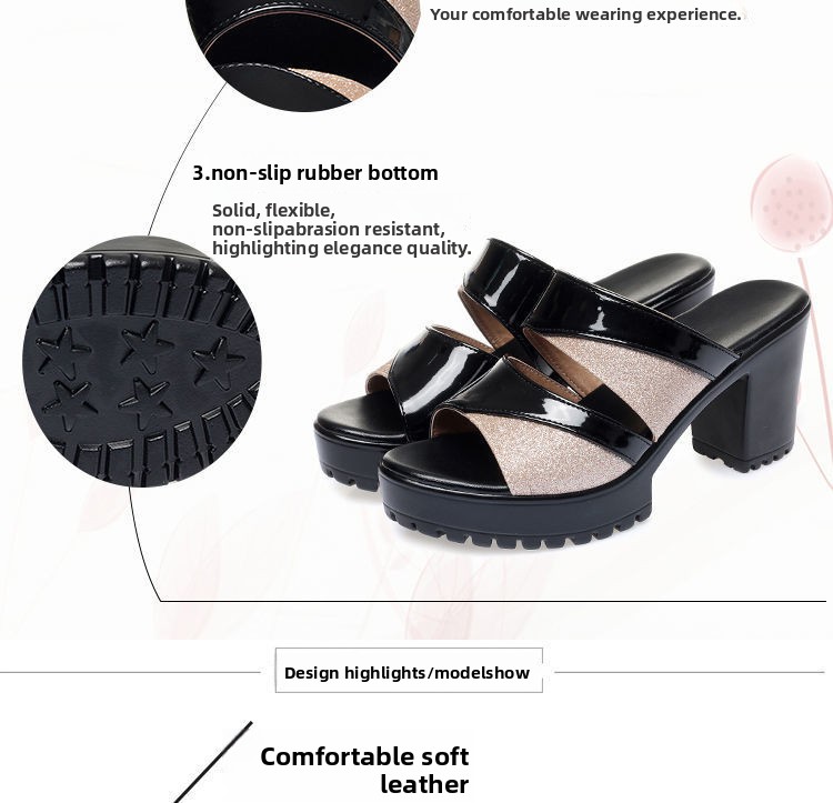 Cross-Border New Chunky-Heel Rubber High-Heel Slippers PU Sandals Women Single-Layer Casual Sports Autumn Slip-On 6-8cm Backless detail
