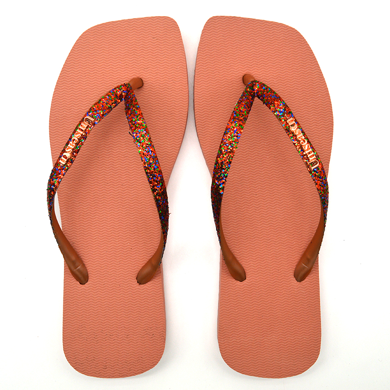 Hot Sales Summer Slippers Lightweight and Lighted Women's Rubber Flip Flops with Glitter Upper Square-Toed Beach Slippers detail