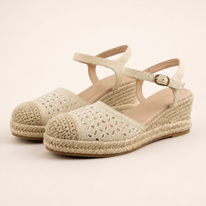 Low MOQ Women's Summer Hollow Out Floral Canvas Espadrilles Wedge Sandals Closed Toe Ankle Strap Platform Factory Custom OEM ODM detail