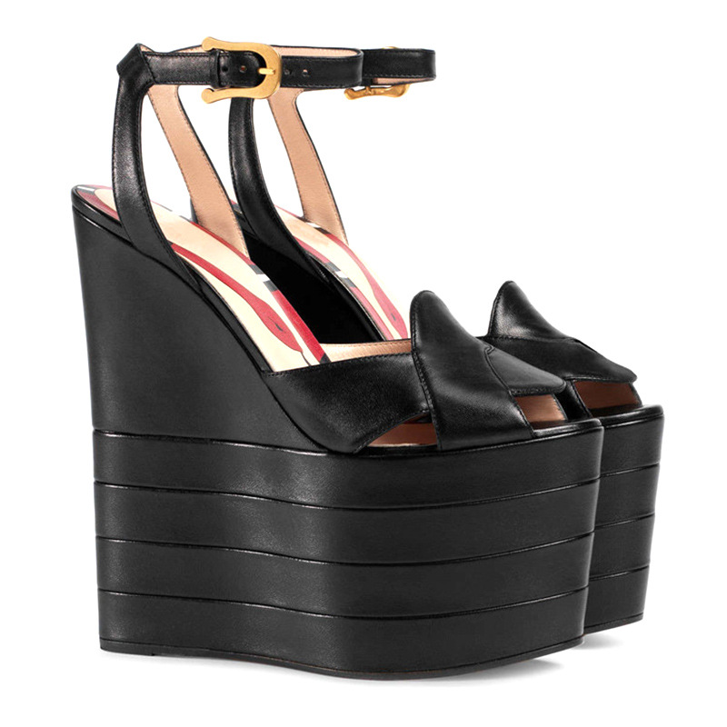 2021 European American Women's Large Size Fashion High-Heeled Wedges Sandals New Buckle Color-Matching Design Cross-Border High detail