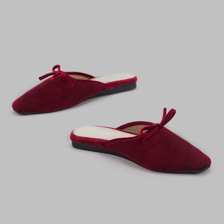 Women's Bow Flats Slides Square Toe Velvet Ballet Mule Backless Burgundy Loafers Slippers for Women product view