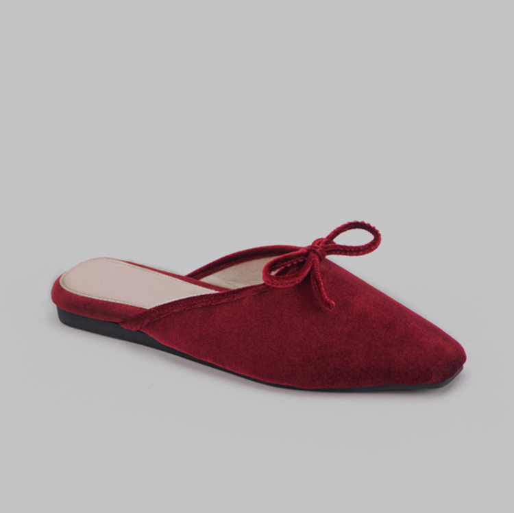 Women's Bow Flats Slides Square Toe Velvet Ballet Mule Backless Burgundy Loafers Slippers for Women detail