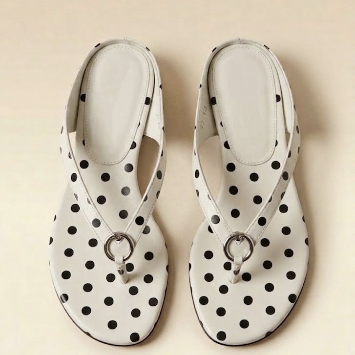 Custom ODM Women Summer White Polka Dot Thong Sandals Low Block Heel Metal Ring Slip On Flip Flops Ladies Casual Shoes Wholesale product view