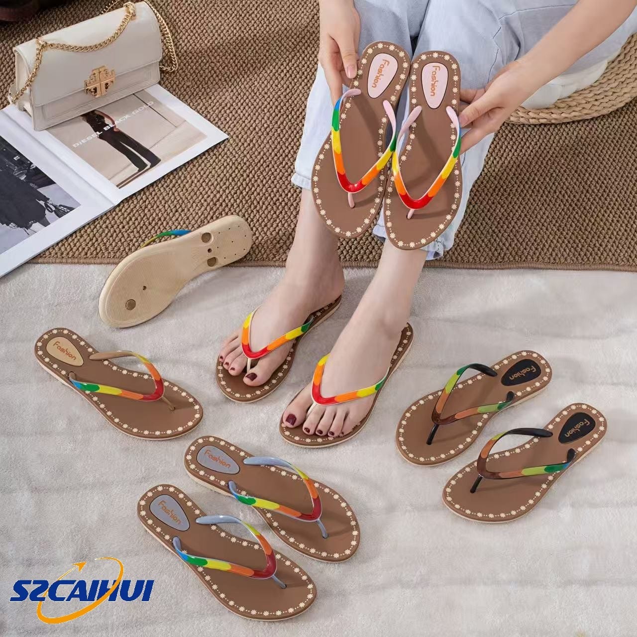 Women's Rainbow Strap PVC Slip on Flip Flops Beach for Summer Casual Sandals product view