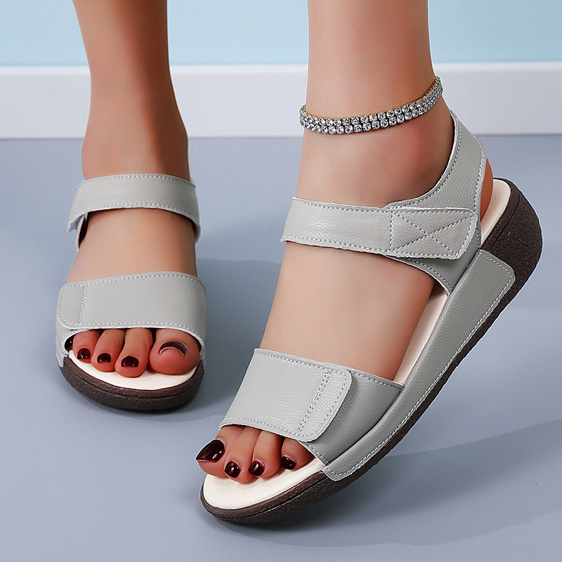 Women's Summer Comfortable Genuine Leather Wedge Sandals Open Toe with Thick Sole Lace-Up Closure Soft Outdoor Wear for Moms detail