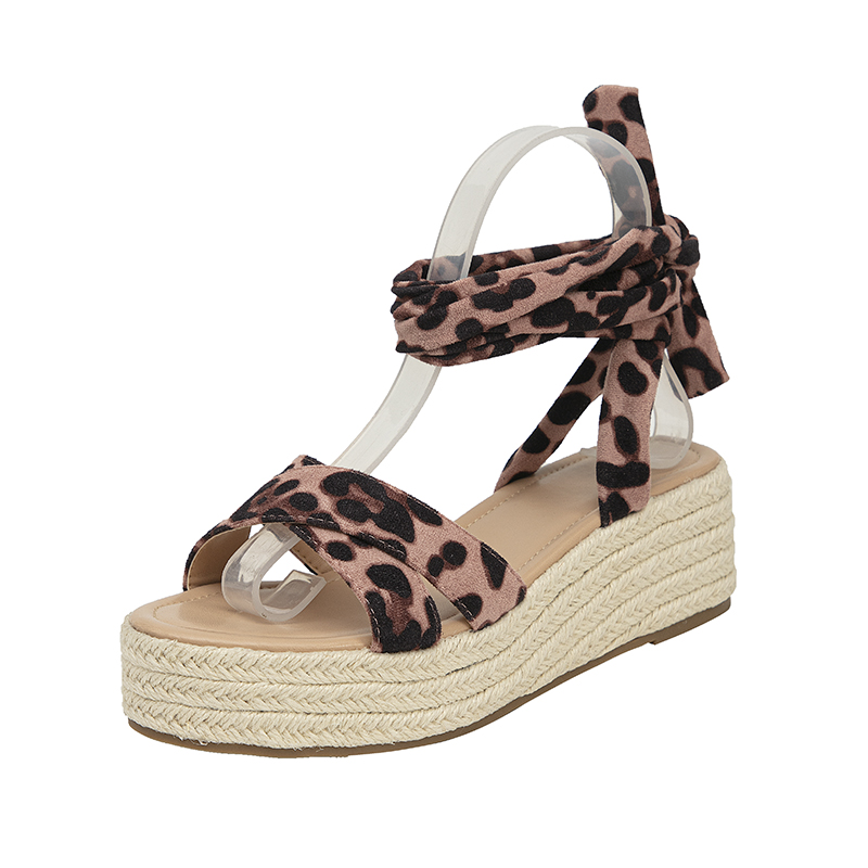 Summer New Casual Women Shoes Pink Leopard Print Espadrille Platform Sandals Clear Strap Lace-up Wedge Open-toe Tie-up Non-slip product view