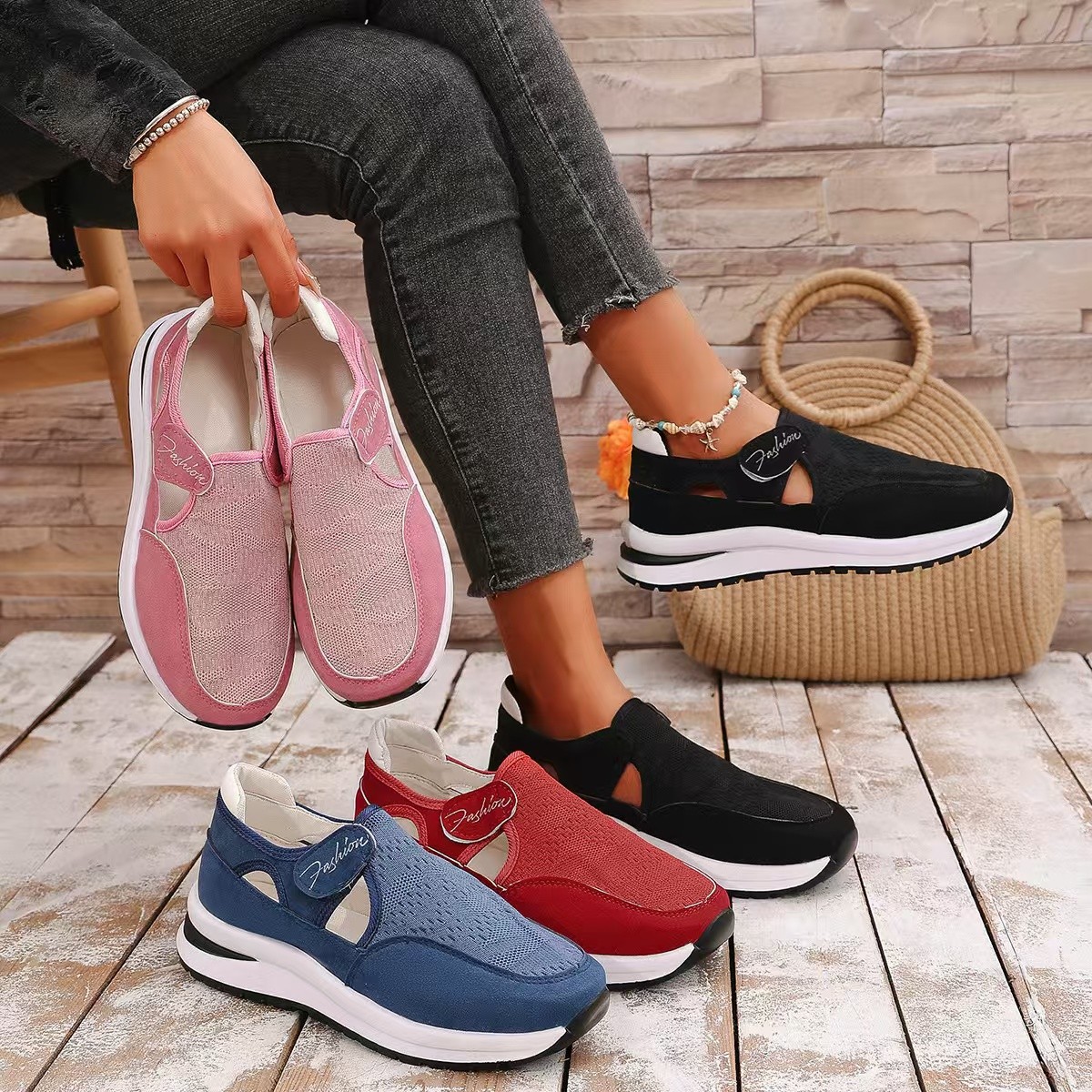 QF1 Casual Sporty Shoes Anti Slip Thick Sole Women's Comfortable and Breathable New Fashion Flying Weaved Wedge Mesh Shoes product view
