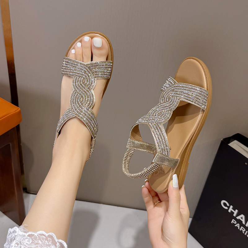 XINBY Women Summer Outdoor Anti-Slip Slip-On Soft Rhinestone Wedge Heel Elastic Ankle Strap Comfortable Flexible Open Toe detail