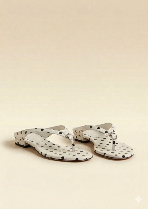 Custom ODM Women Summer White Polka Dot Thong Sandals Low Block Heel Metal Ring Slip On Flip Flops Ladies Casual Shoes Wholesale detail