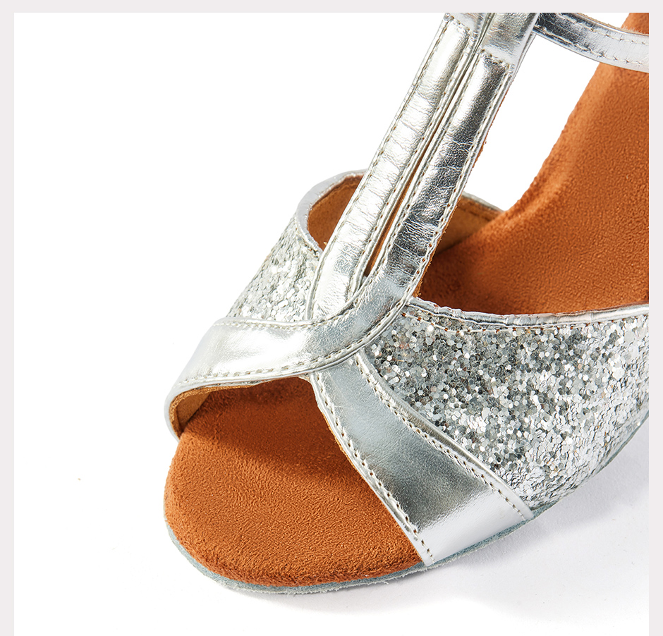 BXS02 Wholesale Sequin Ladies Latin Dance Heels Soft Suede Sole Ballroom Tango Modern Waltz for Competition Training detail