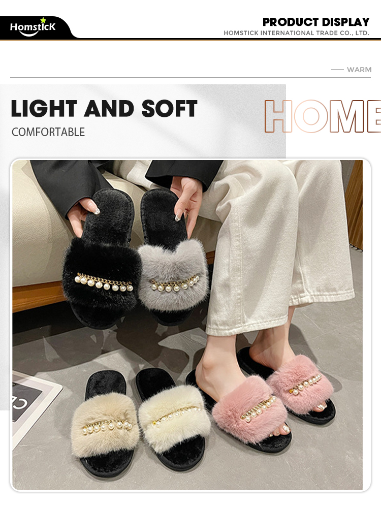 Custom Logo Plush Fur Slippers Pearl Decor [US Sizes 5-10] Premium Faux Fox Fur Indoor Slides Women Home Lounge Shoes Factory detail