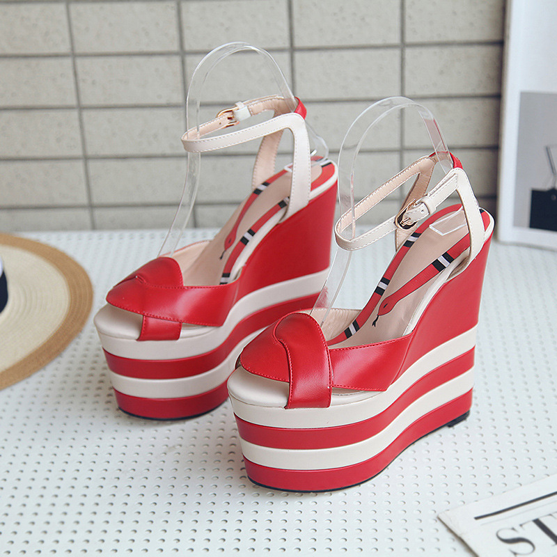 2021 European American Women's Large Size Fashion High-Heeled Wedges Sandals New Buckle Color-Matching Design Cross-Border High product view