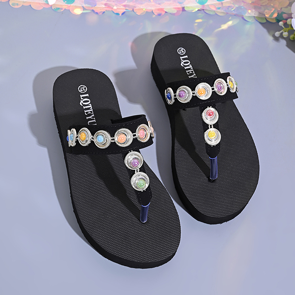New Style Woman Shoes Sexy High Heels Slippers Wedge Heel 3cm Flip Flops Black Strap with Inlaid Colorful Sequins Upper JY-S44 detail
