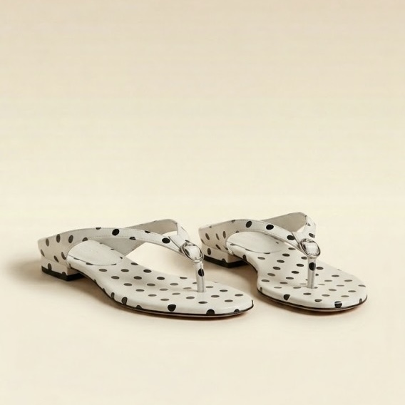 Custom ODM Women Summer White Polka Dot Thong Sandals Low Block Heel Metal Ring Slip On Flip Flops Ladies Casual Shoes Wholesale product view