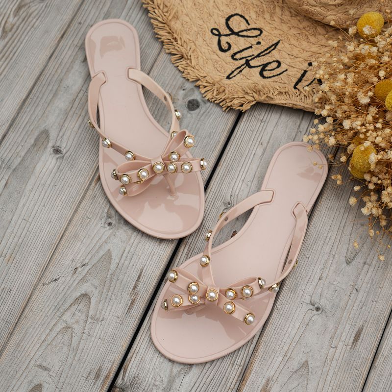 Pearl Flip Flops Women Flat Outdoor slippers Ladies Solid Color Home Jelly Color Beach PVC Flip Flops Pearl slippers detail