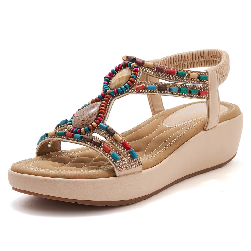 Wedge Sandals Women Ethnic Bohemian Beaded Rhinestone Elastic Band Open Toe Cushioned Beach Slip-On Shoes Earth-Toned detail