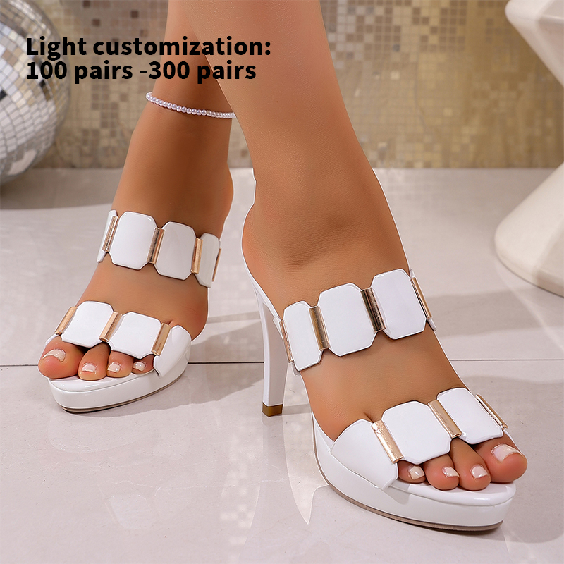 New Style Woman Sexy Pointed Toe High Heels Slippers  Thin 10cm Two Octagonal PU Metal Pieces Connected to the Shoe Upper MuY255 product view