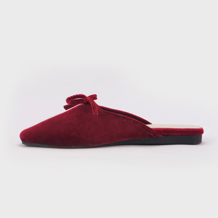 Women's Bow Flats Slides Square Toe Velvet Ballet Mule Backless Burgundy Loafers Slippers for Women product view
