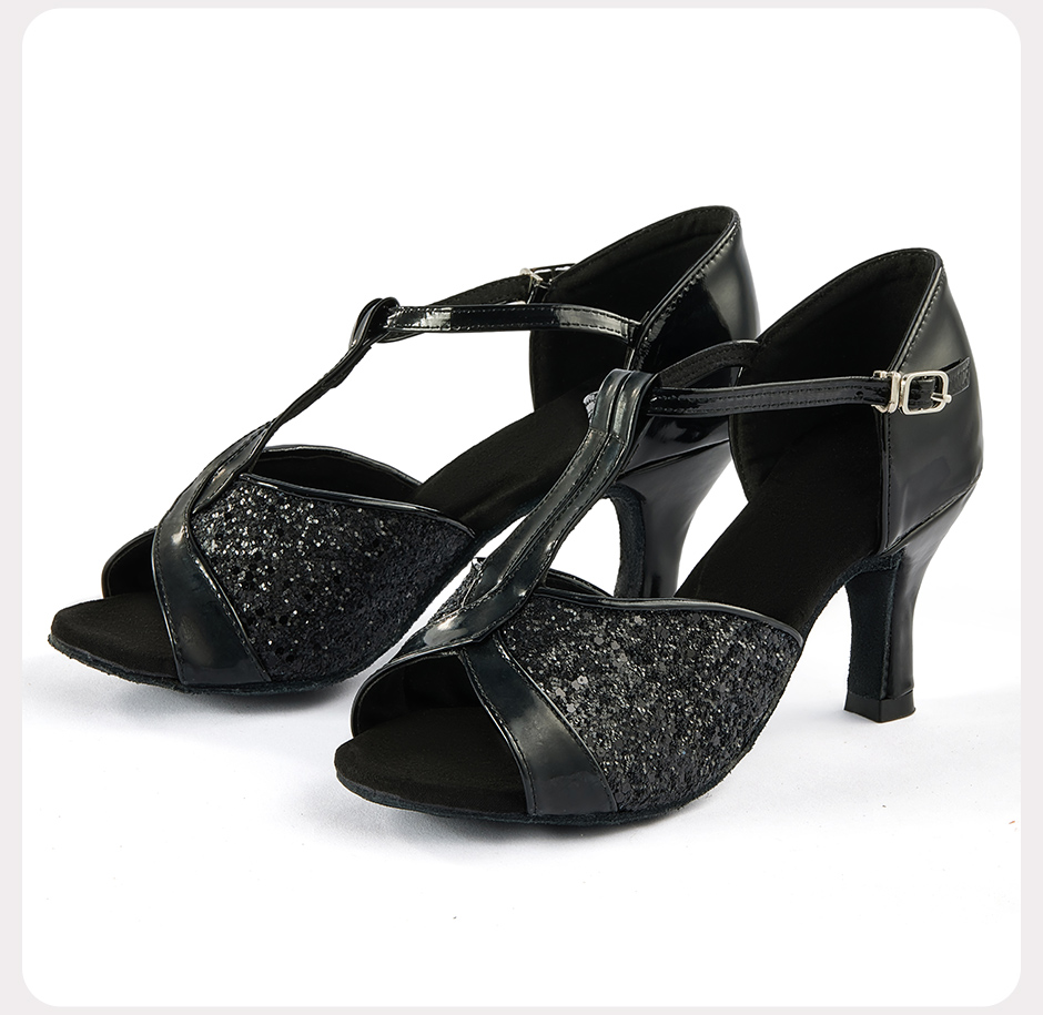 BXS02 Wholesale Sequin Ladies Latin Dance Heels Soft Suede Sole Ballroom Tango Modern Waltz for Competition Training detail