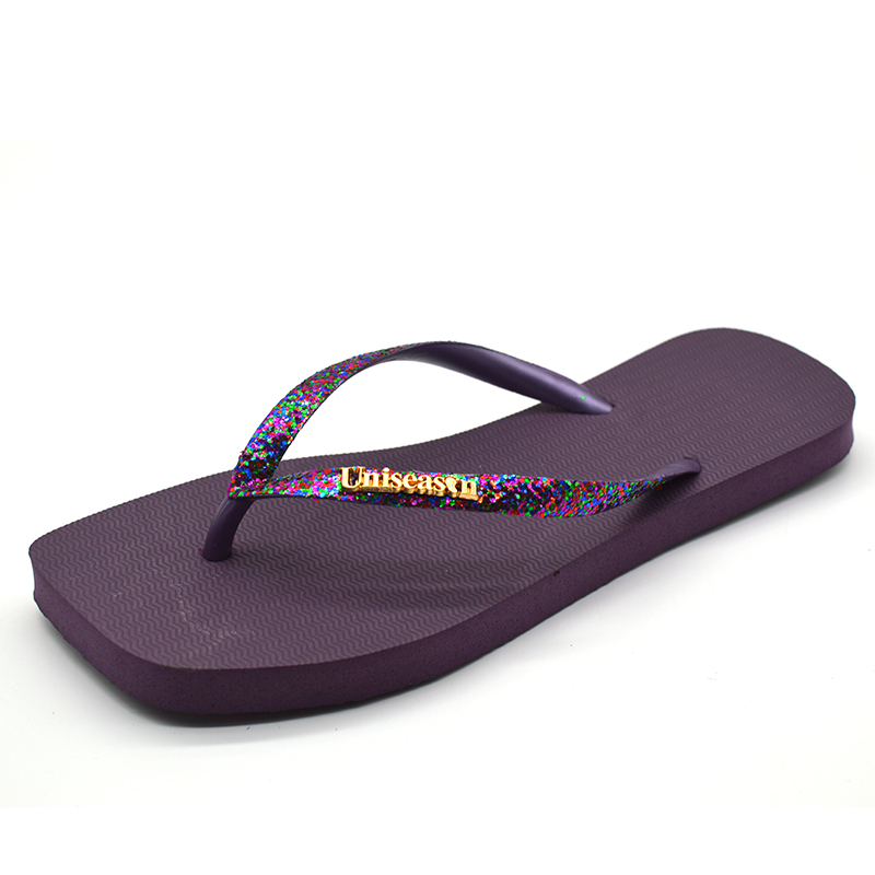 Hot Sales Summer Slippers Lightweight and Lighted Women's Rubber Flip Flops with Glitter Upper Square-Toed Beach Slippers detail