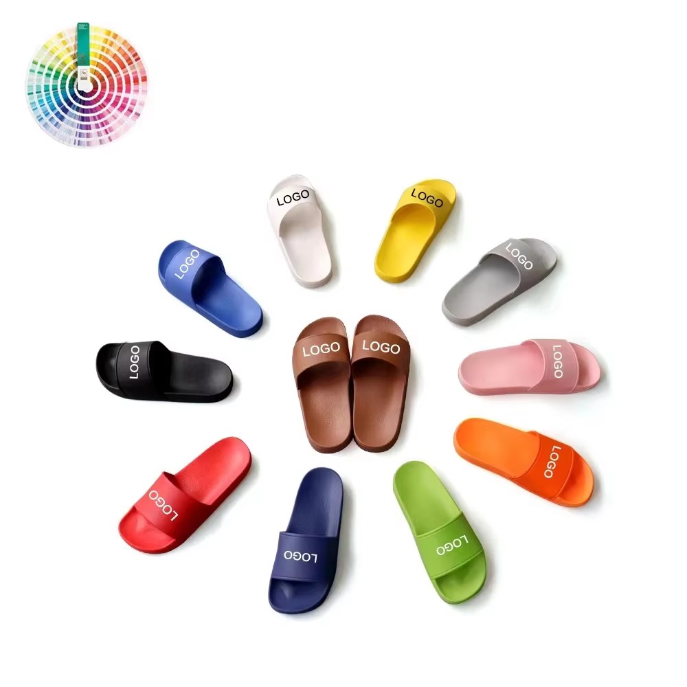 Wholesale Private Label Waterproof Anti-Slip Slides Slippers Printed Embossed Logo Soft Sole Thickened PVC Home Bathroom Slides detail