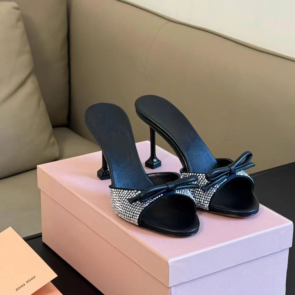 Bow-knot Rhinestone Satin One-Strap Slide Sandals Women Europe America Style Outdoor 2026 Summer New Black Round-Toe Open-Toe detail