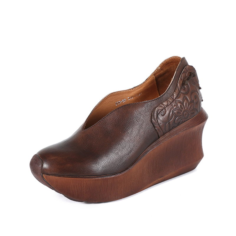 Spring Autumn Thick Sole Heel Leather Single Shoes Comfortable Breathable Handmade Retro Women Wedges Sandals Factory Direct product view