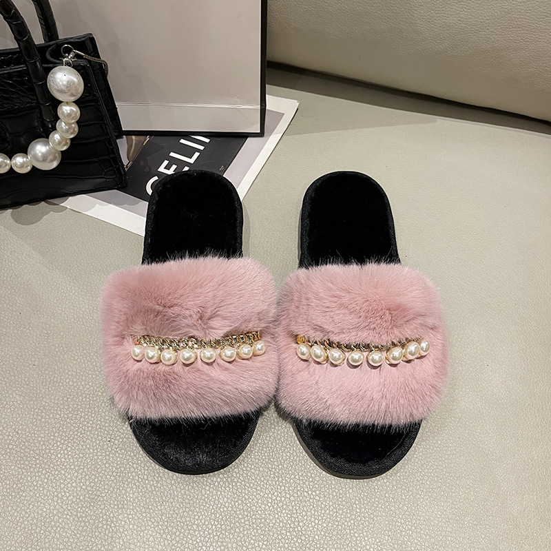 Custom Logo Plush Fur Slippers Pearl Decor [US Sizes 5-10] Premium Faux Fox Fur Indoor Slides Women Home Lounge Shoes Factory product view