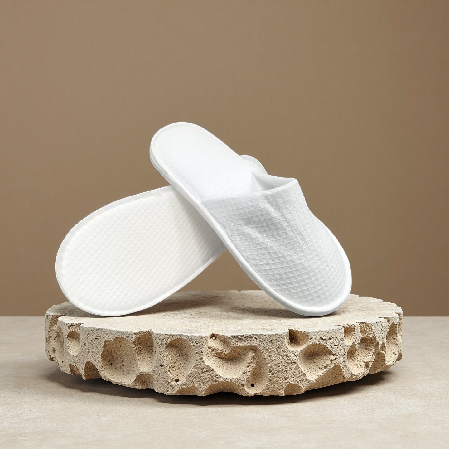 Custom Embroidered Disposable Hotel Slippers-Waffle Fabric Guest Slippers Non-slip CXPE Sole Breathable Soft Hotel Amenities Set product view