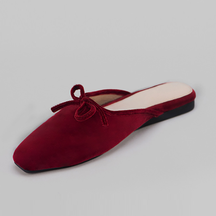 Women's Bow Flats Slides Square Toe Velvet Ballet Mule Backless Burgundy Loafers Slippers for Women product view