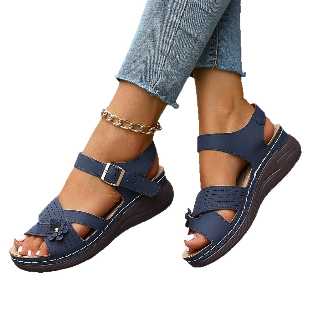 2025 Summer Women's Brown Leather Wedge Sandals - Perforated Breathable Flower Decor Adjustable Thick Sole Open-Toe Shoes product view