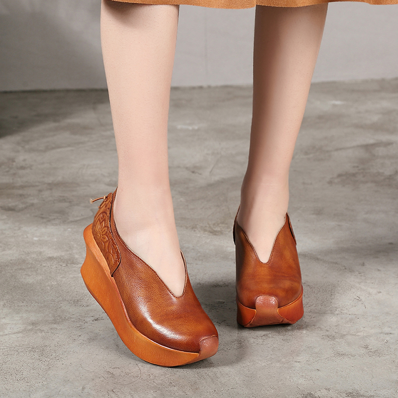 Spring Autumn Thick Sole Heel Leather Single Shoes Comfortable Breathable Handmade Retro Women Wedges Sandals Factory Direct product view