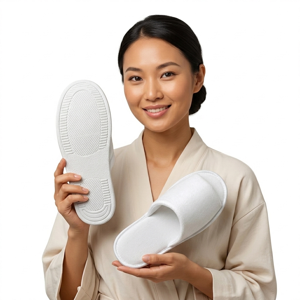 Custom Logo Eco Friendly Disposable Breathable Comfortable Hotel Slippers Pearl Cotton Spa Guest Slides EVA Sole for Indoor Use product view
