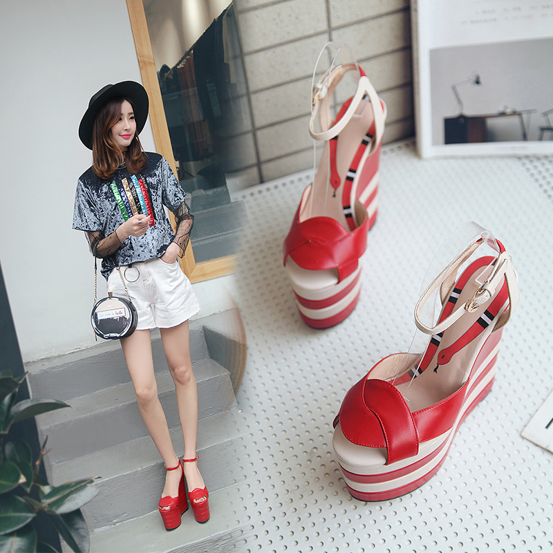 2021 European American Women's Large Size Fashion High-Heeled Wedges Sandals New Buckle Color-Matching Design Cross-Border High product view