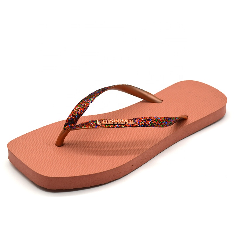 Hot Sales Summer Slippers Lightweight and Lighted Women's Rubber Flip Flops with Glitter Upper Square-Toed Beach Slippers product view