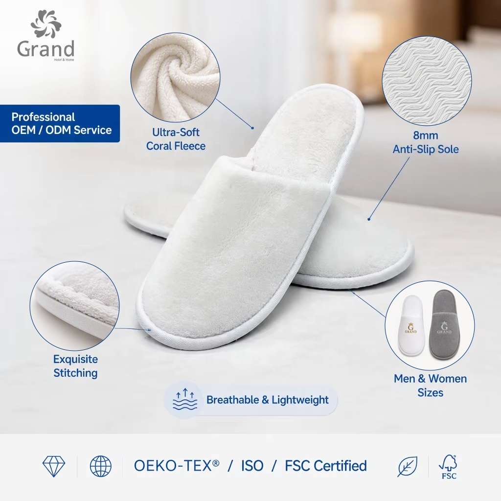 Wholesale Custom Logo Biodegradable GRAND Brand Disposable Luxury Soft Terry Velvet Hotel Guest Slipper for Hotel Amenities Spa detail
